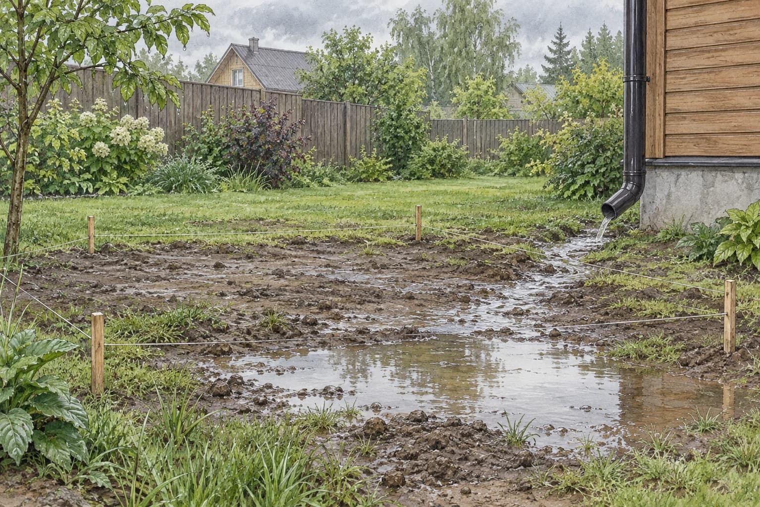 Вода после дождя рядом с размеченным местом будущей постройки