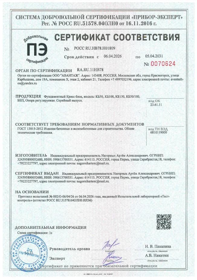 Сертификат соответствия на фундаментные блоки Рокблок
