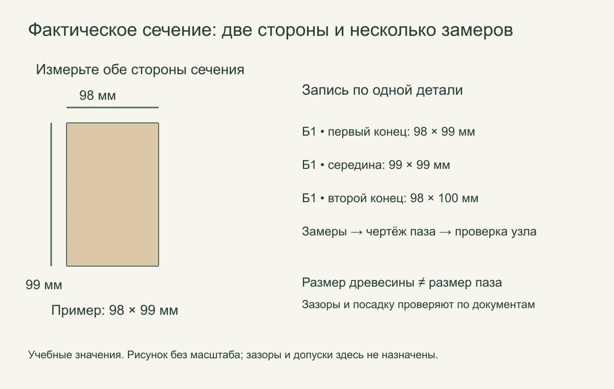 Схема измерения двух сторон бруса и записи трёх замеров одной детали